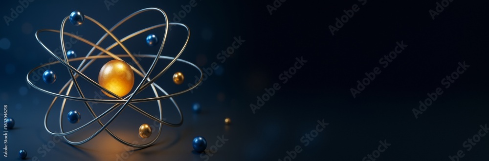 Poster abstract atom model with golden nucleus and metallic electron orbits on dark background with copy sp