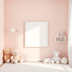 blank canvas mockup for wall decoration in a stylish child's room featuring pastel color scheme soft toys whimsical theme and portrait layout ideal for nursery art presentation perfect for designers