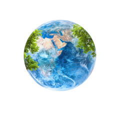 Detailed watercolor painting of planet earth with continents and oceans isolated on transparent background