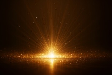 Glowing golden light burst with sparkles and rays on dark background for abstract festive or promotional template concept design mockup.