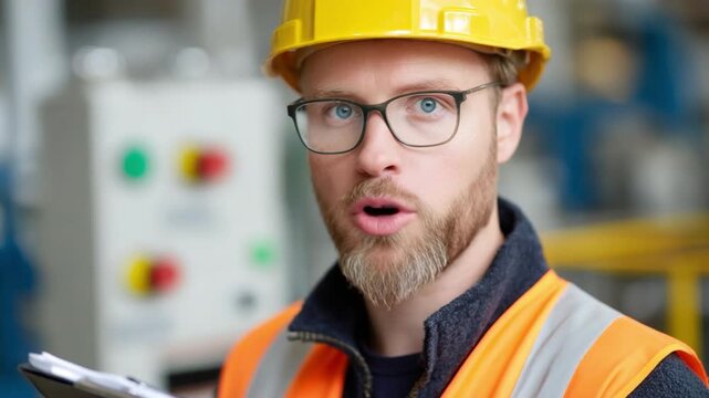 Concerned Engineer in Industrial Surroundings: A close-up portrait of a focused engineer, wearing a yellow hard hat and safety vest, studying a document with a look of concern in a industrial setting.