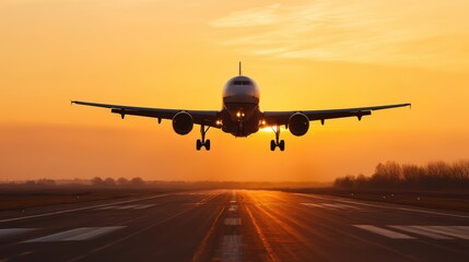 Fototapeta premium A commercial airplane lands on a runway at sunset, casting a dramatic silhouette against an orange sky