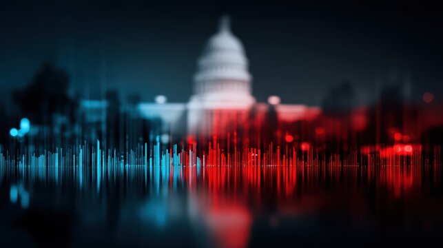 Abstract image of the US Capitol building with red and blue sound wave graphics in the foreground, symbolizing politics and communication - Powered by Adobe