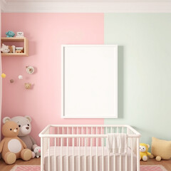 blank canvas frame mockup in girls room playful decor pastel wall with plush toys whimsical childrens theme nursery art display 3d rendering high quality interior design template for artists