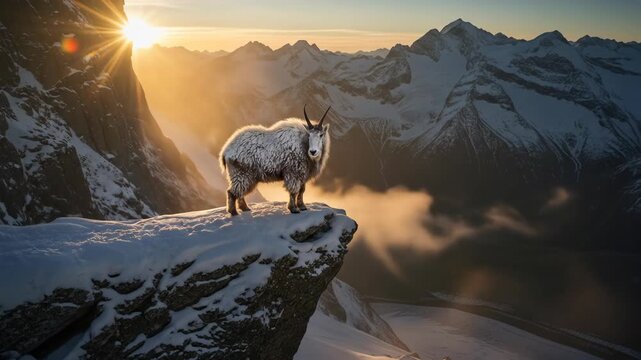 Majestic Mountain Goat Stands Proudly on Snowy Peak at Sunrise