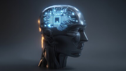 A futuristic metallic human head with a glowing microchip and circuit pattern inside the brain, symbolizing artificial intelligence and technology