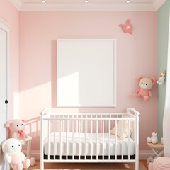 blank canvas mockup in a whimsical children's room with pastel walls and plush toys ideal for portrait orientation frame showcasing adorable nursery design and playful decor elements perfect for digit