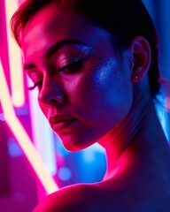 Vibrante e glittering ritratto di donna o ragazza con effetto neon da discoteca