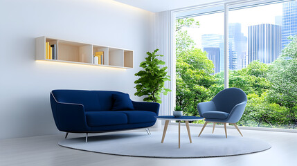 Modern interior design of apartment. Cozy living room with blue sofa, coffee tables, bookshelf and armchairs