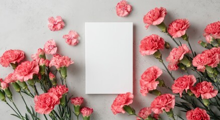 Blank card surrounded by pink carnations