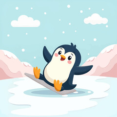 Naklejka premium A cheerful penguin slides playfully across the icy landscape during winter daylight.
