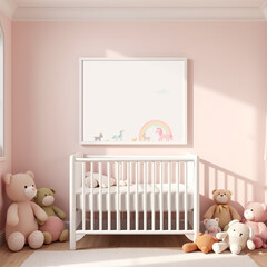 blank canvas mockup in a cozy room stylish wall decor template for kid's space cute pastel colors plush toys whimsical children's design portrait orientation 3D rendering perfect for art display