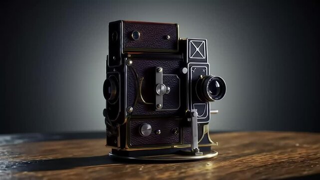 A vintage medium format camera sits on a wooden surface, illuminated and detailed.
