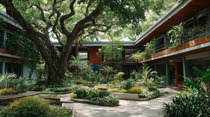 Peaceful school building with garden courtyard and lush greenery