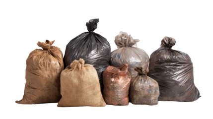 Group of garbage bags, various colors and sizes, on a white isolated background.