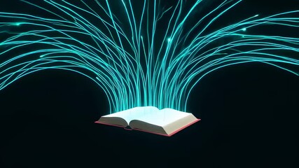 Open book illuminating digital information streams, knowledge and technology source - Powered by Adobe