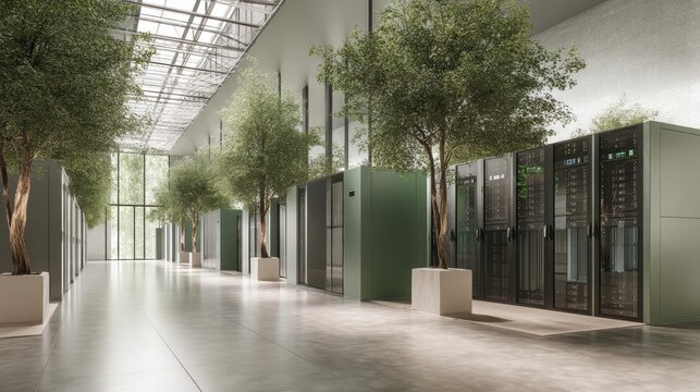 Modern data center with server racks and large indoor trees under a glass ceiling, blending technology and nature - Powered by Adobe