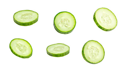 Fresh cucumber slices arranged and isolated on white background
