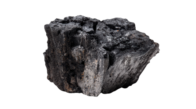 Natural charcoal piece, showcasing its unique texture on a white isolate background.