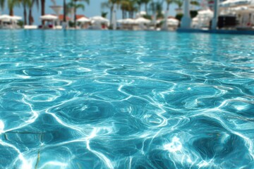Obraz premium Crystal clear blue water in a sunny outdoor swimming pool with palm trees and resort in the background