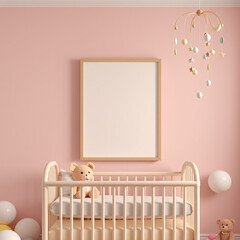 blank canvas mockup for room decor pastel wall with plush toys whimsical children's theme portrait orientation nursery design 3d rendering child-friendly decor customizable frame template