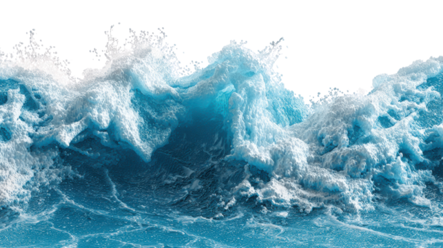 Powerful ocean waves crashing, white spray, blue water, dynamic oceanic scene, vibrant and energetic.