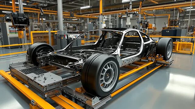 Futuristic car chassis in a modern manufacturing facility with robotic arms and assembly lines