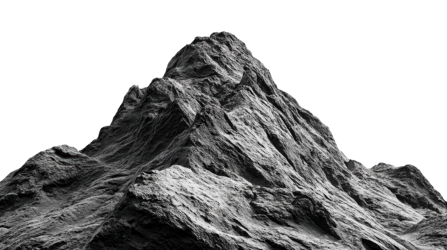 Rocky mountain peak with detailed textures, white isolated background.