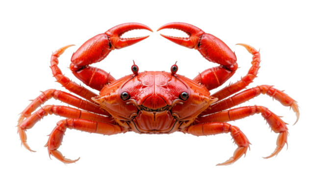 Isolated red crab macro close up seafood crustacean claws legs wildlife marine animal ocean sea creature food delicacy isolated on tranparent background