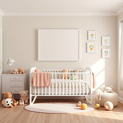 blank canvas mockup in a stylish child's room featuring a pastel wall adorable plush toys whimsical decor serene atmosphere perfect for showcasing artwork or posters 3d visualization bright cheerful s