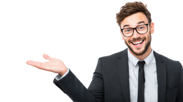 Smiling businessman in suit presenting an idea with hand gesture, on white isolated background.