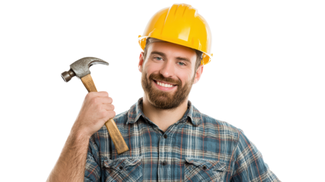 Smiling construction worker with a hammer and safety helmet, isolated on a white background.