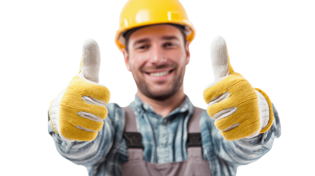 Smiling male construction worker in helmet and gloves showing thumbs up on white isolated background.