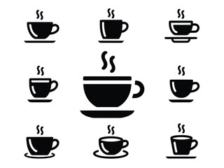 Obraz premium Nine Black Coffee Cup Icons with Steam on White Background