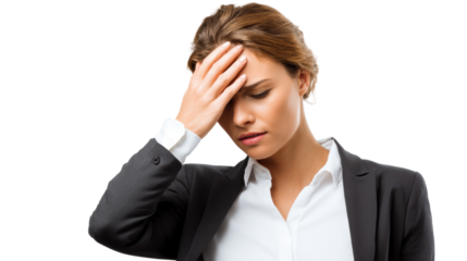 Stressed businesswoman holding her forehead, expressing worry and concern.