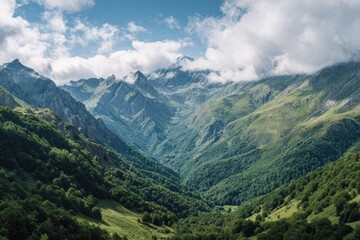 Fototapeta premium Lush valley nestled amidst towering mountains under a partly cloudy sky