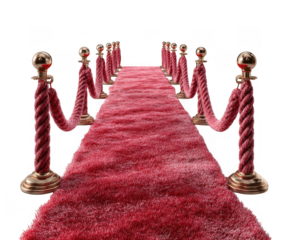 Luxurious red carpet lined with velvet ropes and golden stanchions isolated on transparent background