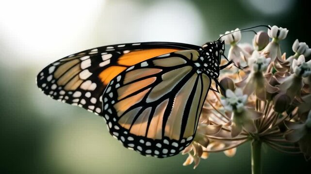 Vibrant orange butterfly with delicate wings peacefully resting on a blooming flower, showcasing the intricate beauty of nature's smallest wonders and ecological harmony.
