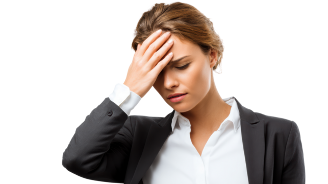 Stressed businesswoman holding her forehead, expressing worry and concern.
