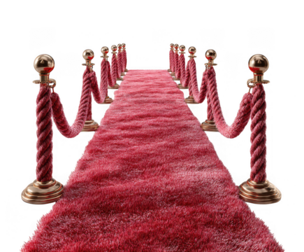 Luxurious red carpet lined with velvet ropes and golden stanchions isolated on transparent background - Powered by Adobe
