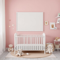 Blank Wall Art Mockup in Playful Room Modern Minimalist Interior Design Portrait Orientation Soft Pastel Colors Adorable Plush Toys Childrens Themed Decor 3D Render Creative Artwork Display Prop