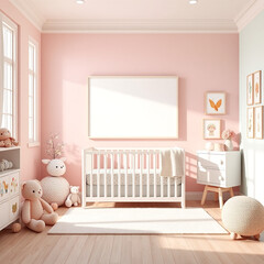blank frame mockup for children room pastel colored decor with plush toys whimsical theme portrait orientation nursery wall art display customizable mockup design for kids art projects 3d render