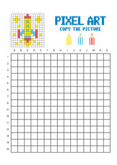 Copy the picture grid drawing worksheet for kids. Pixel art rocket