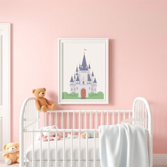blank canvas frame mockup in a girl room whimsical pastel colors with plush toys portrait orientation stylish children’s decor template for digital art display nursery wall art design presentation 3d 