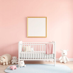 blank frame mockup in a girl room pastel colored wall with plush toys whimsical children theme 3d render portrait orientation crib side poster display customizable artwork presentation