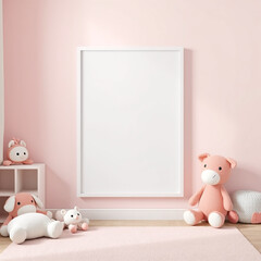 frame mockup for children's room whimsical design pastel colors crib-side poster mockup 3d render showcasing playful decor perfect for nursery artwork or kids room inspiration adorable plush toys vibr