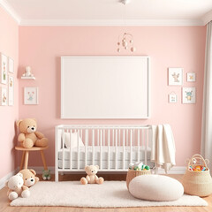 blank canvas mockup for kids room charming pastel wall with plush toys delightful children theme portrait frame design perfect for nursery or playroom decor 3d render digital art template for creative