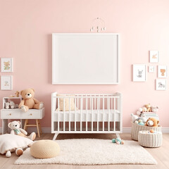 blank canvas mockup in a stylish room perfect for children's decor playful design featuring pastel colors charming plush toys creative poster display versatile portrait orientation 3d rendering ideal 