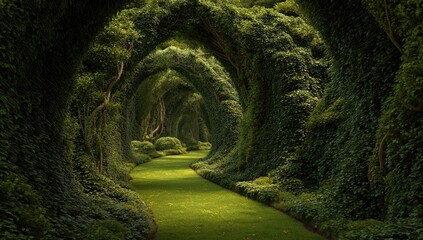Lush, verdant tunnel of arching trees covered in foliage.  A pathway winds through a dense garden