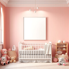 blank frame mockup for child room pastel wall background with soft toys whimsical decor portrait orientation 3D render children's art display customizable nursery decoration image for sale